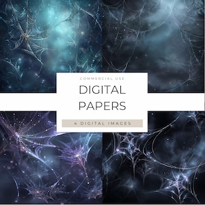 Könnte beinhalten: Ein Set aus vier digitalen Papieren mit komplexen Spinnennetzmustern in Dunkelblau, Violett und Schwarz mit leuchtenden Akzenten. Der mittige weiße Text lautet COMMERCIAL USE DIGITAL PAPERS 4 DIGITAL IMAGES.