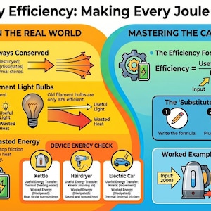 May include: Educational infographic on energy efficiency, featuring diagrams and formulas. The image explains energy conservation, LED vs. filament light bulbs, and reducing wasted energy. Includes a worked example of an electric kettle.