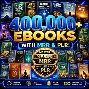 Puede incluir: Una colección digital de más de 400.000 libros electrónicos con derechos MRR y PLR. El gráfico muestra numerosas portadas de libros sobre temas como cripto, salud y finanzas, centradas alrededor de una insignia dorada con Master Resell Rights y Private Label Rights.