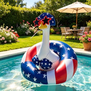 Peut inclure: Un flotteur gonflable fantaisiste en forme d'oie, orné de lunettes de soleil en forme d'étoile, d'un chapeau et d'un bikini, le tout aux couleurs patriotiques rouge, blanc et bleu. Le flotteur d'oie est dans une piscine, avec un jardin et un patio en arrière-plan.
