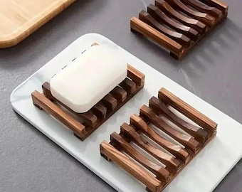 Jabonera de bambú hecha a mano, bandeja de madera natural para platos, organizador de baño.