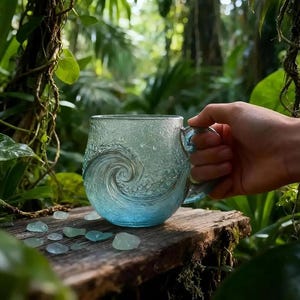 May include: A light blue glass mug featuring a textured, raised wave design on the exterior surface. The mug has a rounded handle and a translucent finish, accompanied by several small, smooth, light blue glass pebbles scattered nearby.
