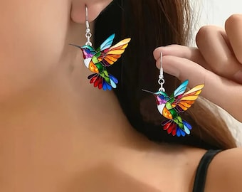 Handmade Hummingbird Acrylic Drop Earrings, Colorful Retro Bird Jewelry