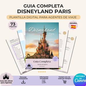 Op de afbeelding: Een digitale gids-sjabloon voor Disneyland Paris met 73 pagina's. De omslag toont het kasteel met de tekst Disneyland Paris en Guia Completa. Aanvullende pagina's tonen Spaanstalige tekst over attracties en restaurantdetails in het park.