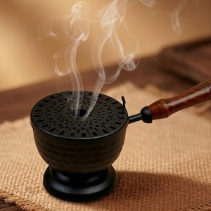 May include: A black metal incense burner with a hammered texture on the bowl and a perforated lid. The burner features a long, polished wooden handle extending from the side, with thin wisps of white smoke rising from the center opening.
