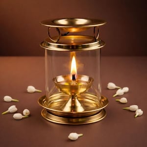 May include: A brass oil lamp with a clear glass cylindrical chimney and a top tray, featuring a lit wick centered in a small brass bowl. The lamp is surrounded by scattered white jasmine flowers on a solid dark brown surface.