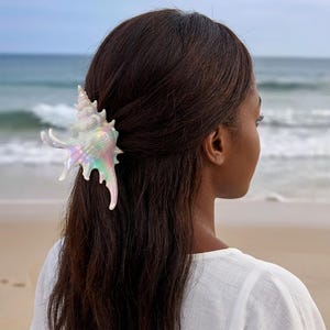 Könnte beinhalten: Eine irisierende Muschel-Haarspange mit perlmuttartigem Glanz und einer spiralförmigen, stacheligen Struktur. Das Accessoire weist einen mehrfarbigen Schimmer auf, der zwischen sanften Rosa-, Blau- und Grüntönen wechselt und in braunem Haar steckt.