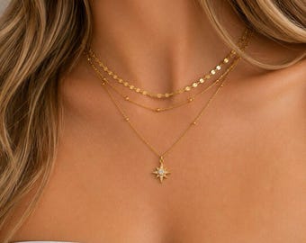 Set di collana a strati con stelle • Collana celeste in oro 14 carati • Collana con ciondolo a stella polare • Delicata collana a strati in oro • Regalo per lei