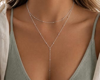 Conjunto de collar nupcial de plata en forma de Y, gargantilla delicada tipo satélite, cadena tipo lariat para boda, joyería con escote en V profundo, regalo de Navidad para damas de honor.
