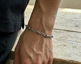 Bracciale in filo spinato di acciaio inossidabile • Catena leggera in stile gotico grunge • Bracciale con spine in argento impermeabile e inossidabile • Regalo unisex alternativo