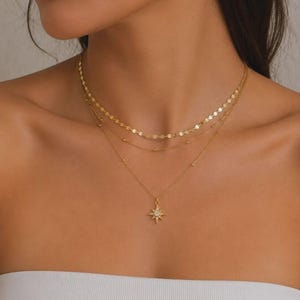 Set collana Stella Polare, catene a strati placcate in oro 14 carati, gioielli celestiali delicati, girocollo con monete, catena satellitare, regalo di Natale per lei