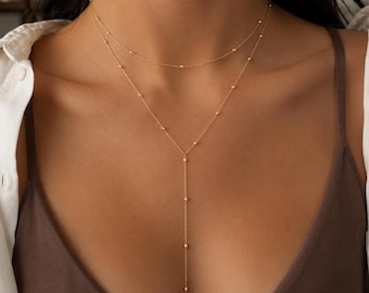 Gelaagde Y-kettingenset • Lariat-ketting van 14k goud en zilver • Satellietketting • Fijne druppelketting • Minimalistisch cadeau voor haar