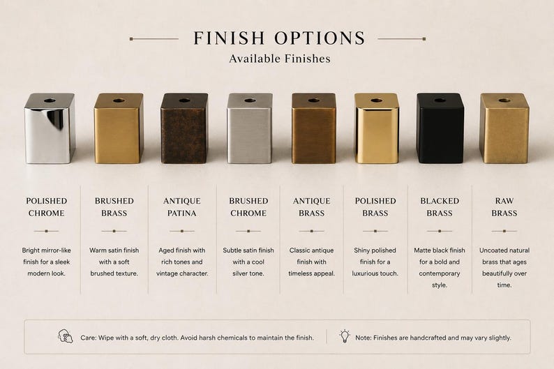 May include: Eight square cabinet knobs arranged in a row, showcasing various metal finishes labeled as Polished Chrome, Brushed Brass, Antique Patina, Brushed Chrome, Antique Brass, Polished Brass, Blacked Brass, and Raw Brass with text descriptions.