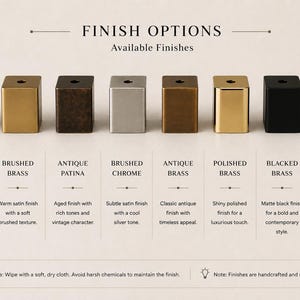 May include: Eight rectangular cabinet knobs arranged in a row, showcasing various metal finishes labeled as Polished Chrome, Brushed Brass, Antique Patina, Brushed Chrome, Antique Brass, Polished Brass, Blacked Brass, and Raw Brass.