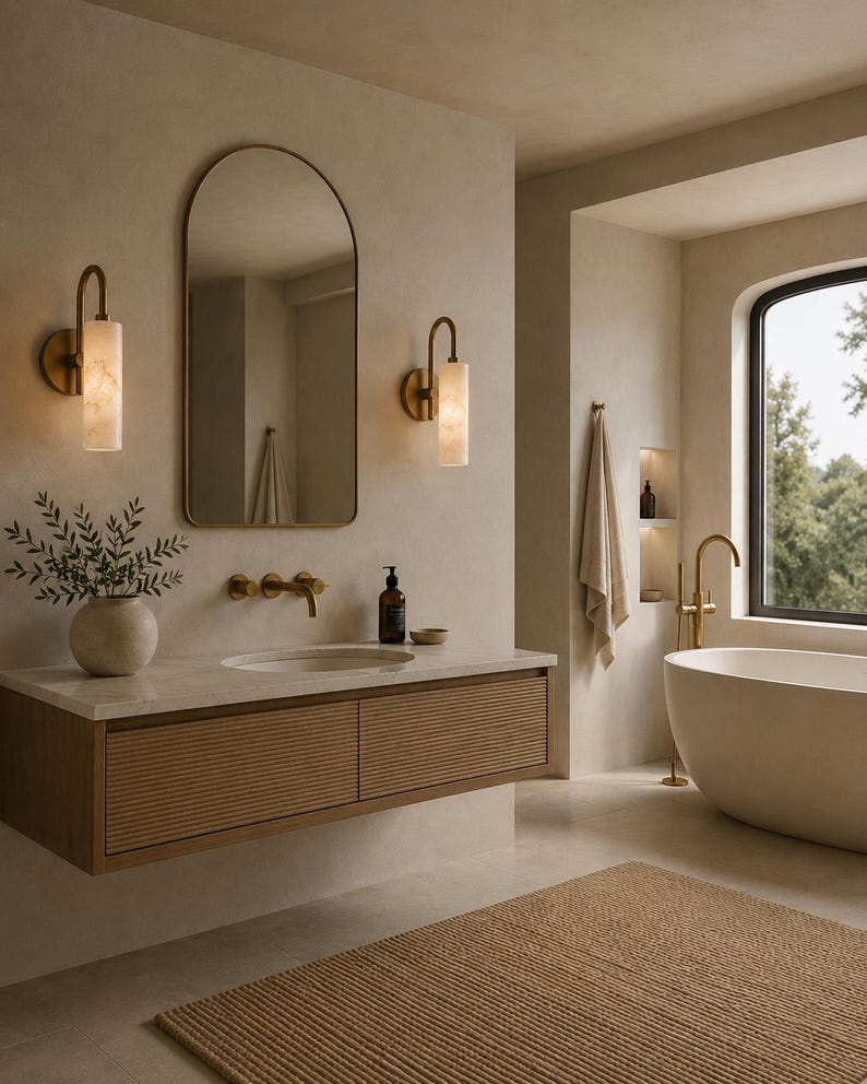 May include: A bathroom vanity with a light wood fluted drawer front, a white stone countertop, and a round-top mirror. Two cylindrical wall sconces with warm light flank the mirror, accompanied by a brass faucet and a ceramic vase with greenery.