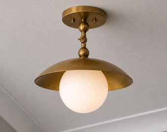 Designer Brass Globe Ceiling Light, Opal Glass Flush Mount