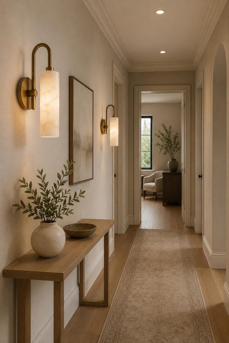 May include: Two wall-mounted light fixtures featuring curved brass arms and cylindrical white marble shades with subtle veining. The lamps emit a warm glow, illuminating a hallway with a wooden console table, a ceramic vase, and a bowl.