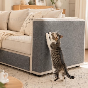 Op de afbeelding: Een beige bank met donkergrijze stoffen panelen aan de zijkant en onderkant, ontworpen voor katten om aan te krabben. Een bruin-witte cyperse kat staat op de achterpoten en gebruikt de voorpoten om aan het donkergrijze, textuurrijke paneel te krabben.