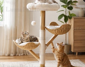 Moderner Kratzbaum-Turm aus Holz | Rattan Korb Sitzstangen Sisal Kratzbaum | Boho Katzenmöbel | Indoor Katzenspielplatz | Katze Geschenk.
