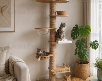 Albero tiragraffi per gatti dal pavimento al soffitto / Altezza regolabile 250-270 cm / Palo da arrampicata in sisal, piattaforme in legno e amaca / Area giochi per gatti da interno, idea regalo.