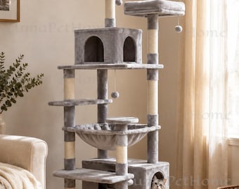 Large Cat Tree Tower | Sisal Scratching Post Cat Condo Hammock & Perches | Multi Level Cat Climbing Tree | Indoor Cat Playground Gift.