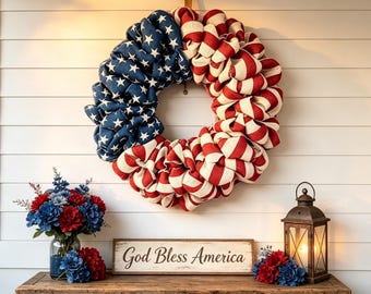 USA 250 Independence Day Patriotic Wreath | American Flag Inspired Wreath for Independence Day, Memorial Day & Year-Round Farmhouse Decor