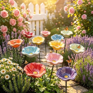 May include: A collection of colorful ceramic flower-shaped bird feeders in a garden setting. The feeders are in various colors, including red, yellow, blue, and pink, with black stems. Bees and butterflies are present, and the background includes flowers and a white picket fence.