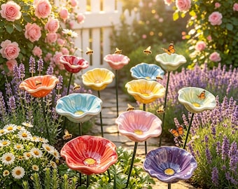Keramikblumen-Bienen-Trinkerstecker, Mini-Gartendekor in Mohnblumenform, Bestäuber für Bienen und Schmetterlinge, Geschenke für Gartenbegeisterte