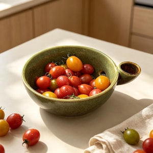 Tigela escorredora de frutas vermelhas em cerâmica artesanal com esmalte reativo, com furo para drenagem e bico lateral para despejar, estilo rústico de fazenda.