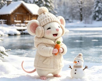 Figura de ratón de invierno hecha a mano con fieltro de aguja, linda decoración de bandeja escalonada con forma de ratón muñeco de nieve, adorno navideño para el hogar, regalo único para las fiestas de invierno.