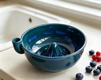 Ceramic Berry Washing Bowl with Juicer Spout, Green Fruit Colander, Farmhouse Kitchen Prep Bowl