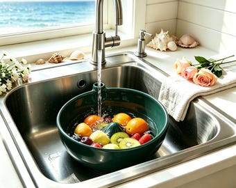 Ceramics Berry Washing Bowl with Drain Spout,  Fruit Rinsing,  Farmhouse Prep Bowl for Berries & Veggies,Tabletop Decor, Housewarming Gift