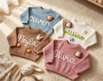 Gepersonaliseerde geborduurde naam gebreide top, warme babykleding, oprecht vakantiecadeau