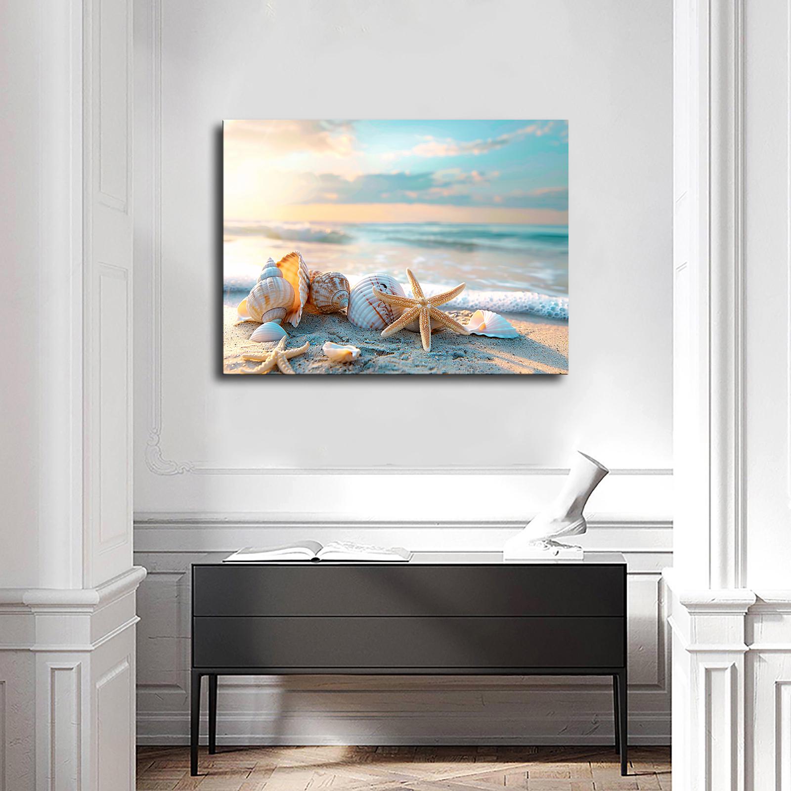 Seashells and Starfish Beach Canvas Art Print: Coastal Ocean View Wall ...