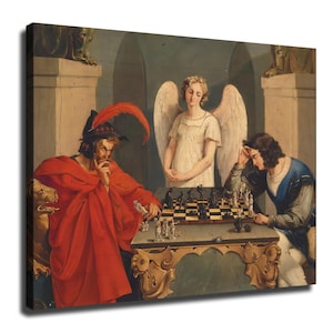 May include: A canvas print depicting a scene of a person in a red cloak and helmet playing chess against a person in a blue tunic, with a winged figure standing between them. The chess pieces are on a table with ornate gold-colored carved legs.