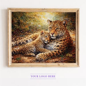 Lámina imprimible de leopardo madre y cachorro para pared - Pintura realista de vida salvaje, decoración acogedora de safari, tonos cálidos de otoño, lámina de criaturas adorables 109