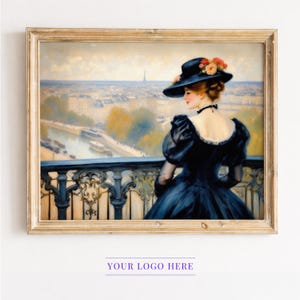 May include: A framed vintage painting depicts a woman in a black dress and hat with floral accents, overlooking a cityscape with a river and the Eiffel Tower. The artwork is set in a gold-toned frame, evoking a sense of classic elegance and historical charm.
