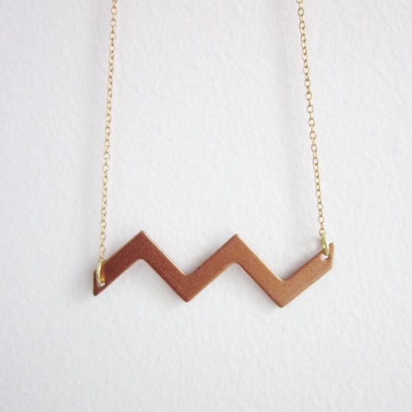 Shimmering Pyramids geometric necklace -   vintage enameled metallic copper chevron on a vintage brass chain - free shipping