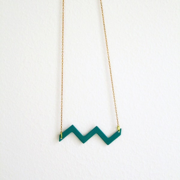 Amazon chevron necklace - geometric vintage enameled teal wave on a vintage brass chain - free shipping