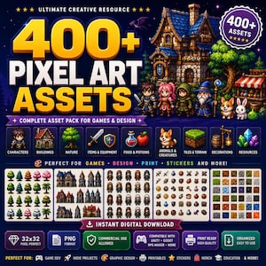 May include: A digital collection of 400+ pixel art assets featuring fantasy characters, buildings, nature elements, items, food, animals, and terrain tiles. The graphic includes text labels like 400+ PIXEL ART ASSETS, 32x32 PIXEL PERFECT, and PNG FORMAT.