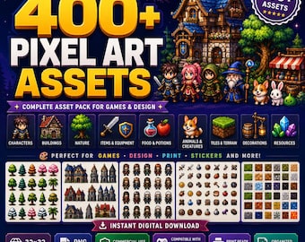 RPG Pixel Art-itempakket | Personages, gebouwen, bomen, items | Tegelset 32 x 32 | Game-items