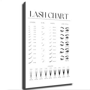 May include: A white rectangular lash chart poster with black text and graphics. It displays columns for length, curl, width, and lash style, including illustrations of eyes with various lash extensions and a volume fan guide from 2D to 10D.