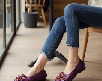 Damloafers i äkta läder, vattentäta körskor, halkfria mockasiner, blommiga ballerinaskor