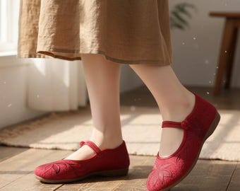 Broderade ballerinaskor, retro slip-on-skor, vintageinspirerade vardagsskor