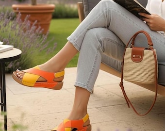 Contrast Color Wedge Sandals: Peep Toe Platform Beach Shoes
