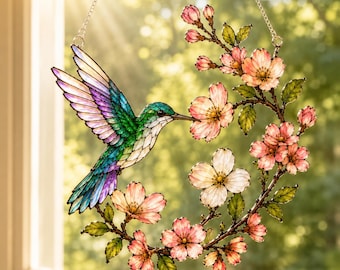 Hummingbird Suncatcher, Stained Glass Window Hanging, Floral Bird Window Decor, Mom Grandma Gift