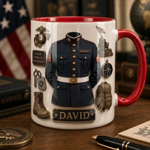 Personalized Marine Mug, Custom Name 2D Faux 3D Military Coffee Cup, Gift for Marines