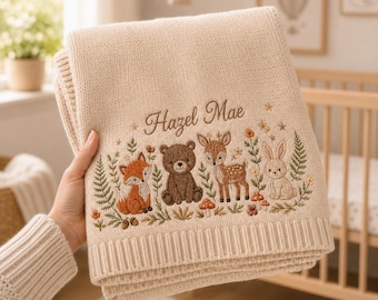 Personalized Embroidered Baby Blanket, Custom Name Farm Animal Knit Blanket, Newborn Baby Shower Gift