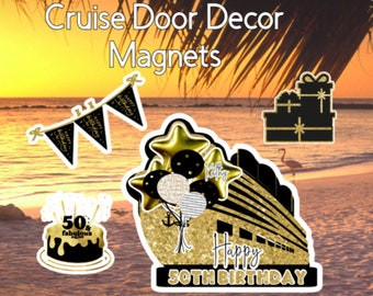 50th birthday cruise cabin door magnets, set of 4 shown, FOR 22.00, large is 8 inches,  Personalized with a name. Add a tumbler total 44.00