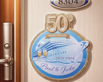 Personalized Anniversary Cruise Door Magnet: Custom Cabin Decor, any year. Approximately 8" circle. Free magnets also included to match.